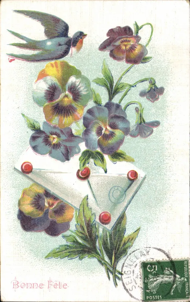 Blumen und Vogel — Frohe Geburtstagskarte — Seigac (Frankreich) Nr. 1 - Vorderseite