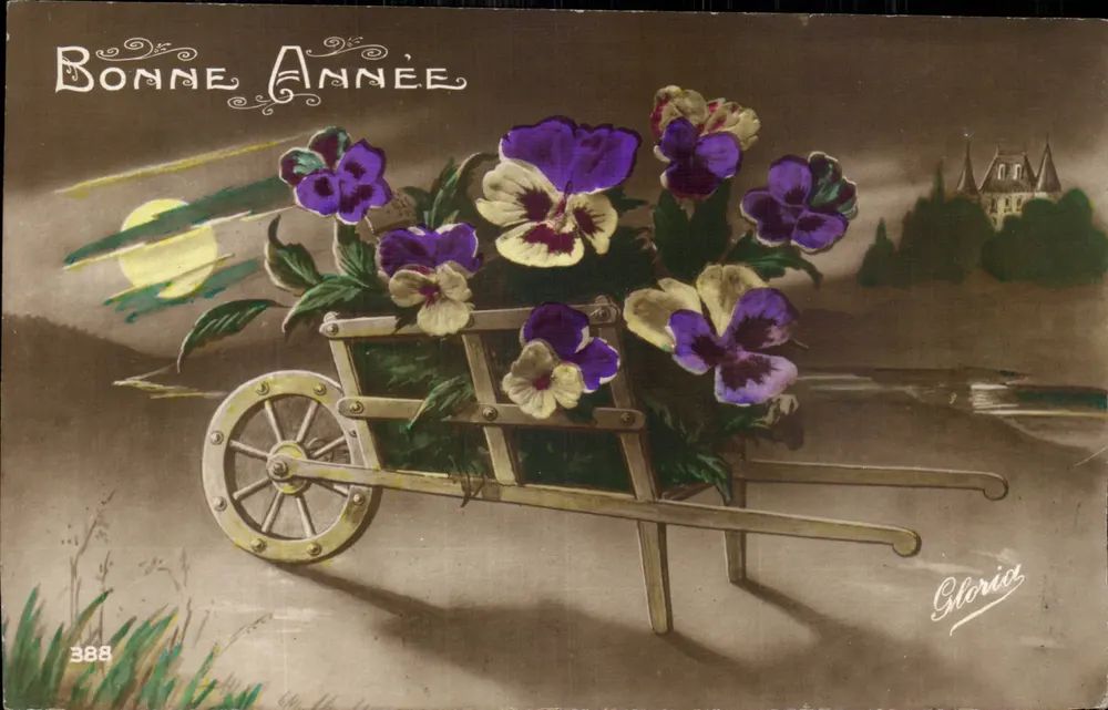 Pansies em um carrinho — Boa Ano — Gloria, n° 388 - Frente