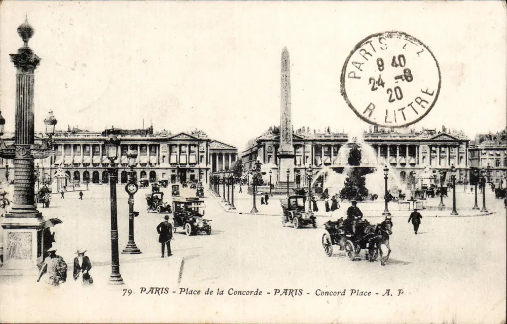 Paris - Place de la Concorde — vista panorâmica com obélisco e coluna — editor R. Littre, n°79 - Frente