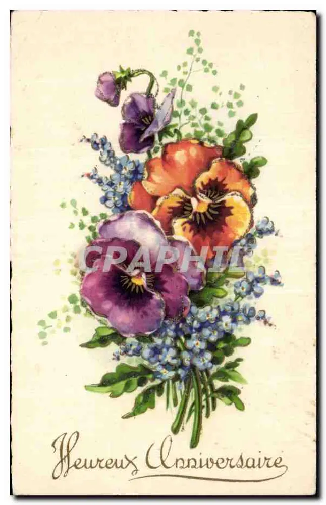 Bouquet de pensées et de fleurs — carte d'anniversaire imprimée par 'Imprimerie de Colombe' n° 12345 - Frente