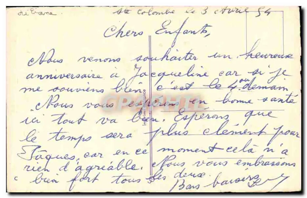 Bouquet de pensées et de fleurs — carte d'anniversaire imprimée par 'Imprimerie de Colombe' n° 12345 - Verso