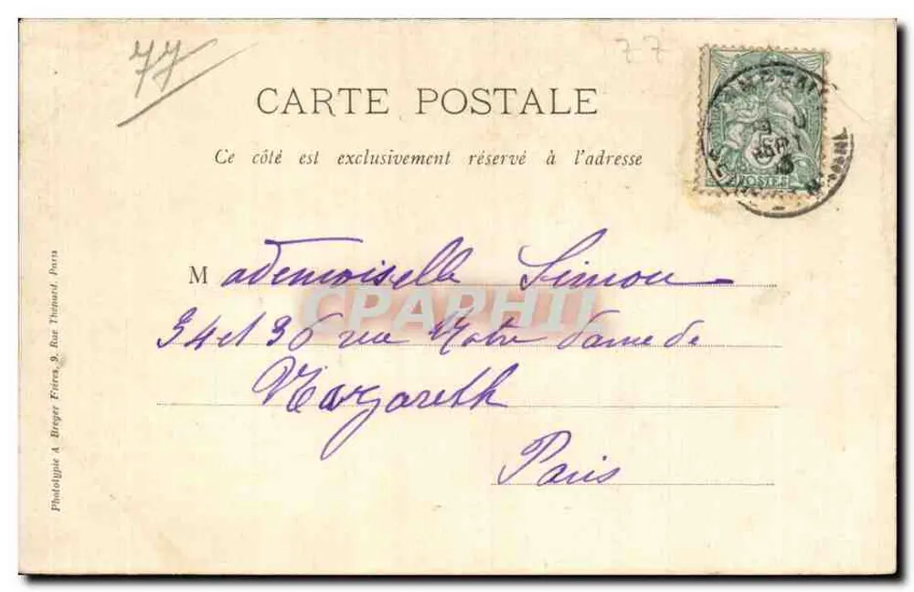 Melun — Monument Pasteur — éditeur A. Bruger Friers & Bar Thinal, Paris - Verso