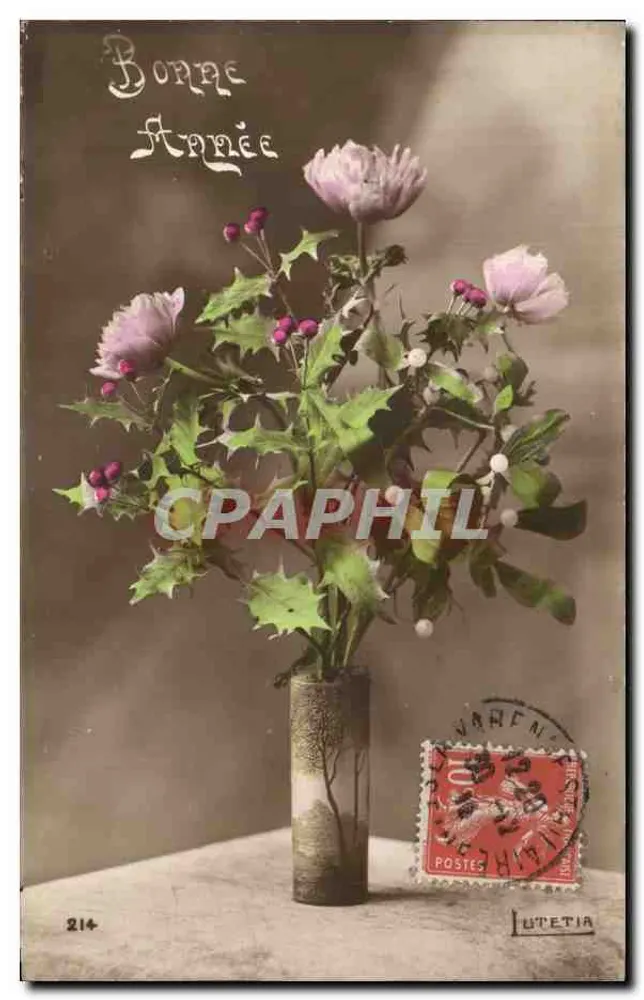 Blütenstrauß aus Chrysanthemen und Eberesche — Frohe Neujahr — P. CHENE, Paris - Vorderseite