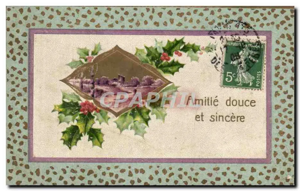 Weihnachtskarte mit Efeu — Text 'Zärtliche und ehrliche Freundschaft' — unbekannter Verlag - Vorderseite