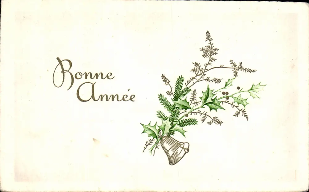 Bonne Année — Illustration einer Ebereschenzweige und Glocke — unbekannter Verlag - Vorderseite