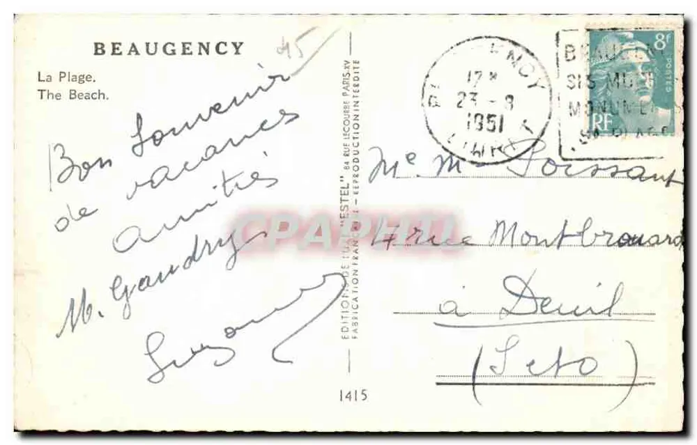 A Praia em Beaugency — Editor Étél, n°1415 - Verso