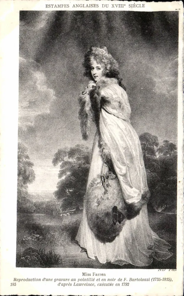 Miss Farren — Englische Kupferstiche des 18. Jahrhunderts — Nachbildung einer Kupferstichzeichnung in Stipplung und Schwarz-Weiß von F. Bartolozzi (1735–1815), aus dem Jahr 1792 — Nr. 185 - Vorderseite