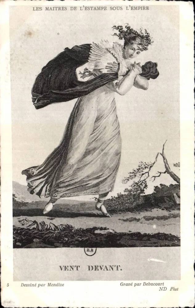 Die Meister der Lithografie unter der Herrschaft des Kaisers — Wind voran — Gezeichnet von Mendize, Gekritzelt von Debucourt - Vorderseite