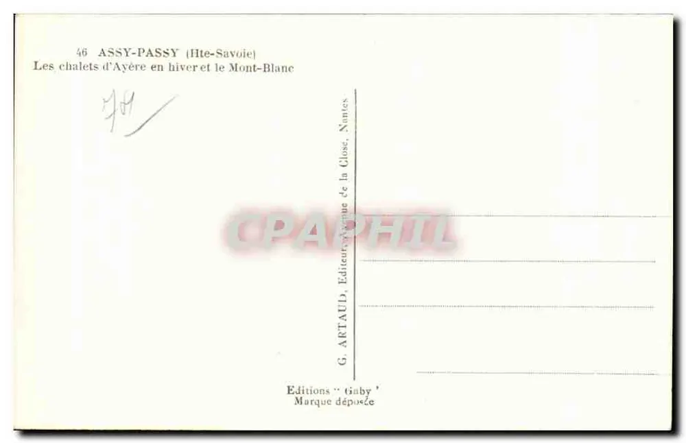 Assy-Passy (Haute-Savoie) — Die Chalets von Ayère im Winter und der Mont-Blanc — G. Artaud, Éditions Gaby - Rückseite
