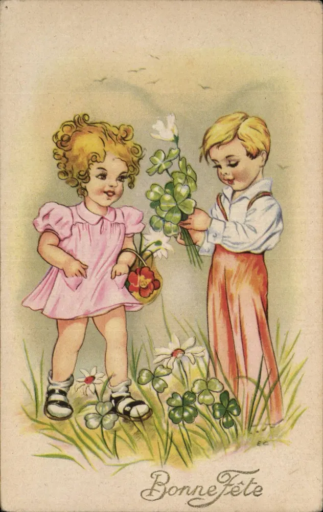 Kinder, die Blumen schenken — Frohe Geburtstagskarte — Verlag T. F. (Seriennummer nicht lesbar) - Vorderseite
