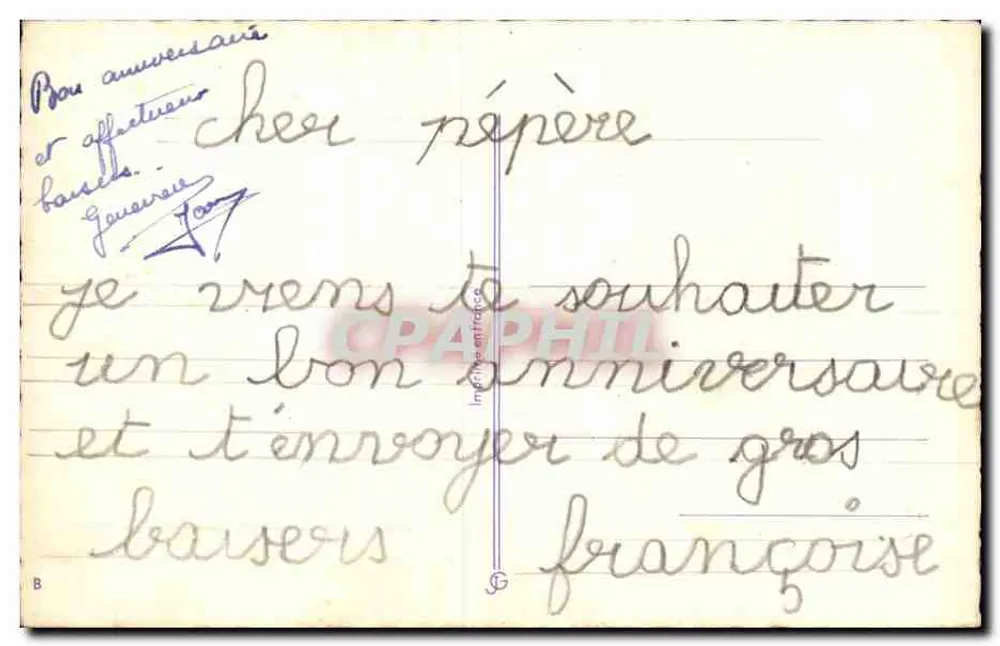 Arranjo de pêssegos e mimosa — 'Feliz Aniversário' — editor não visível - Verso