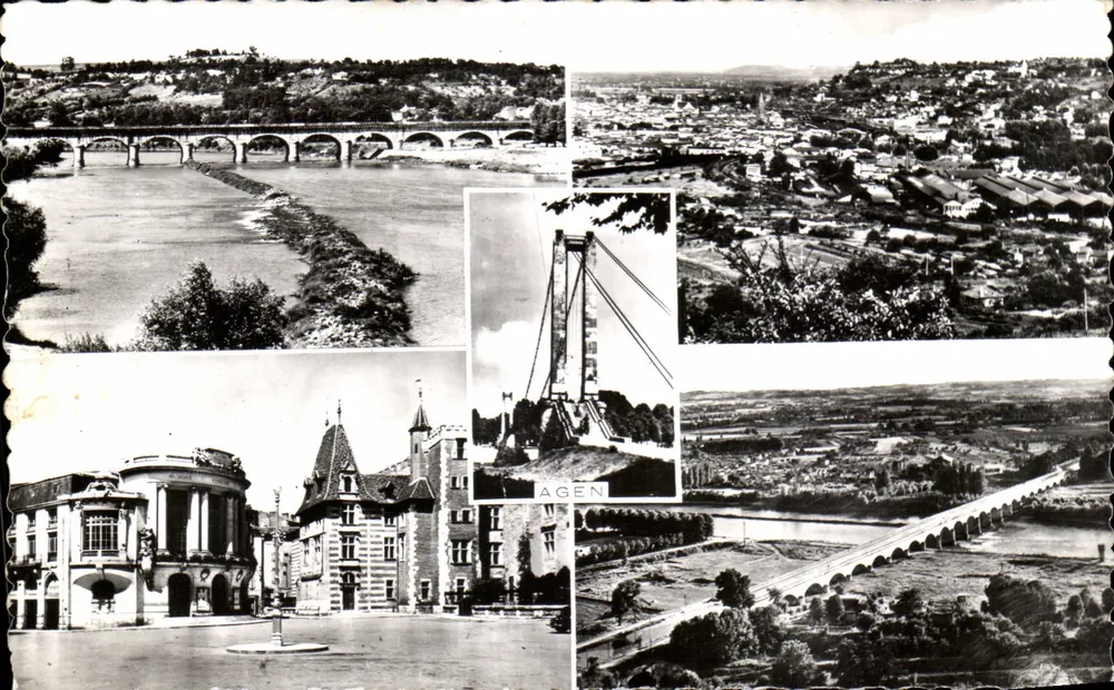 Agen — Vista geral — Ponte Canal, Ponte suspensa, Teatro e Museu - Frente