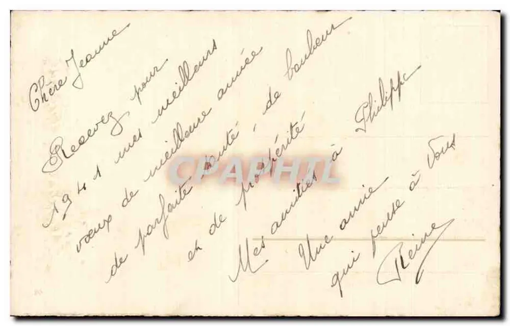 Arranjo de pêssegos — Boa Ano — cartão postal - Verso