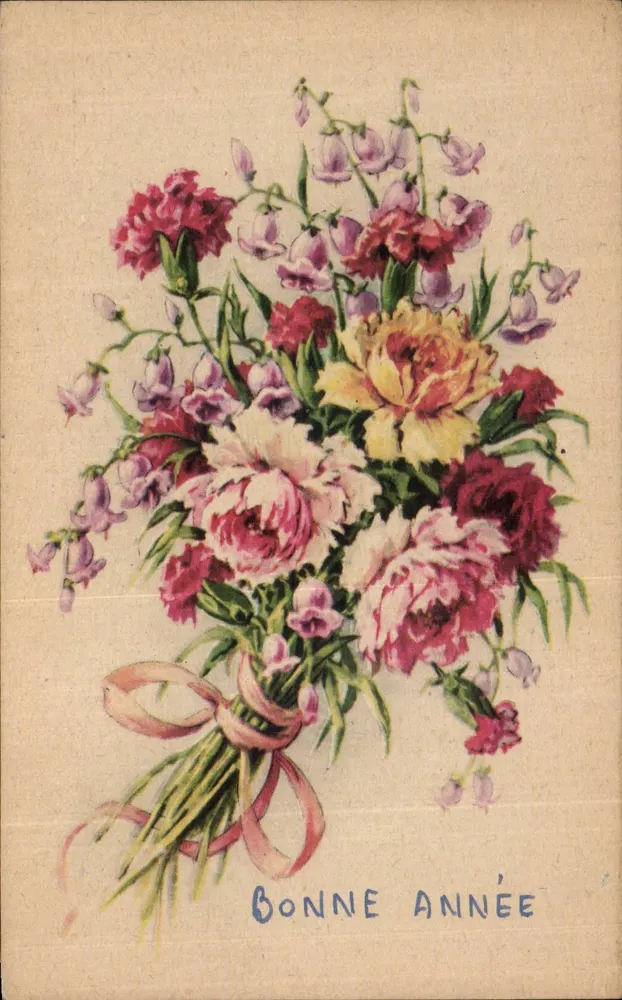 Arranjo de flores — Feliz Ano — Fabricação Francesa 'E.R.' Paris - Frente