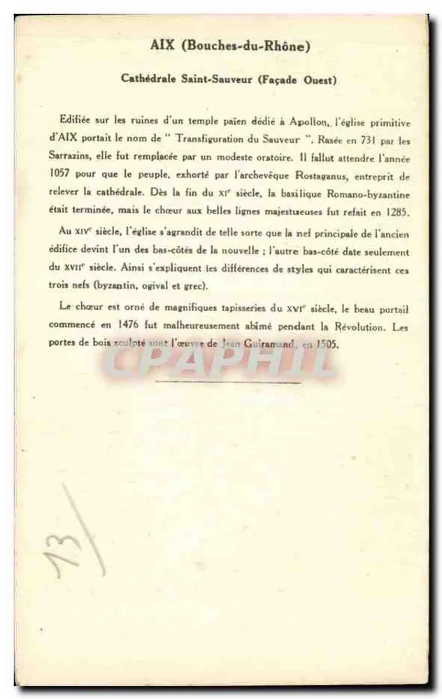 Aix (Bouches-du-Rhône) — Catedral de São Salvador (Fachada Oeste) — Coleção da Kolarsine e da Solution Pautaubege - Verso