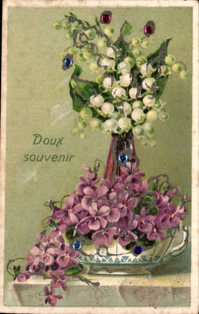 Blütenstrauß aus Mohnblumen und Viohlen — Zärtliches Andenken — Verlag nicht sichtbar - Vorderseite