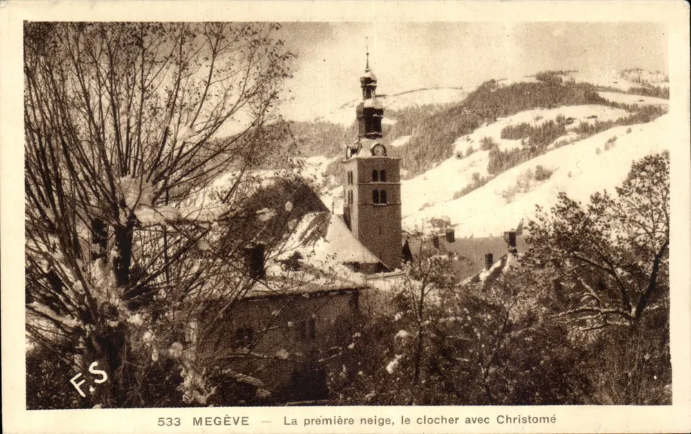 Megève — A primeira neve, a torre da igreja com Christomé — Edição Braun - Frente