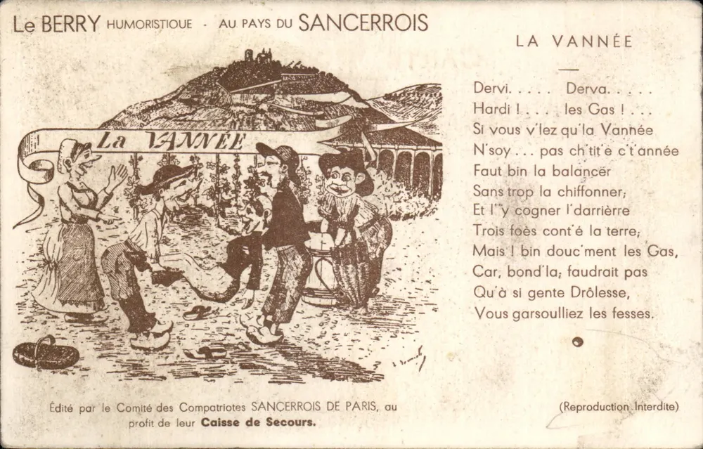 La Vannée — humoristische Szene mit Figuren in einer Landschaft — Herausgeber: Komitee der Landsleute SANCERROIS DE PARIS - Vorderseite