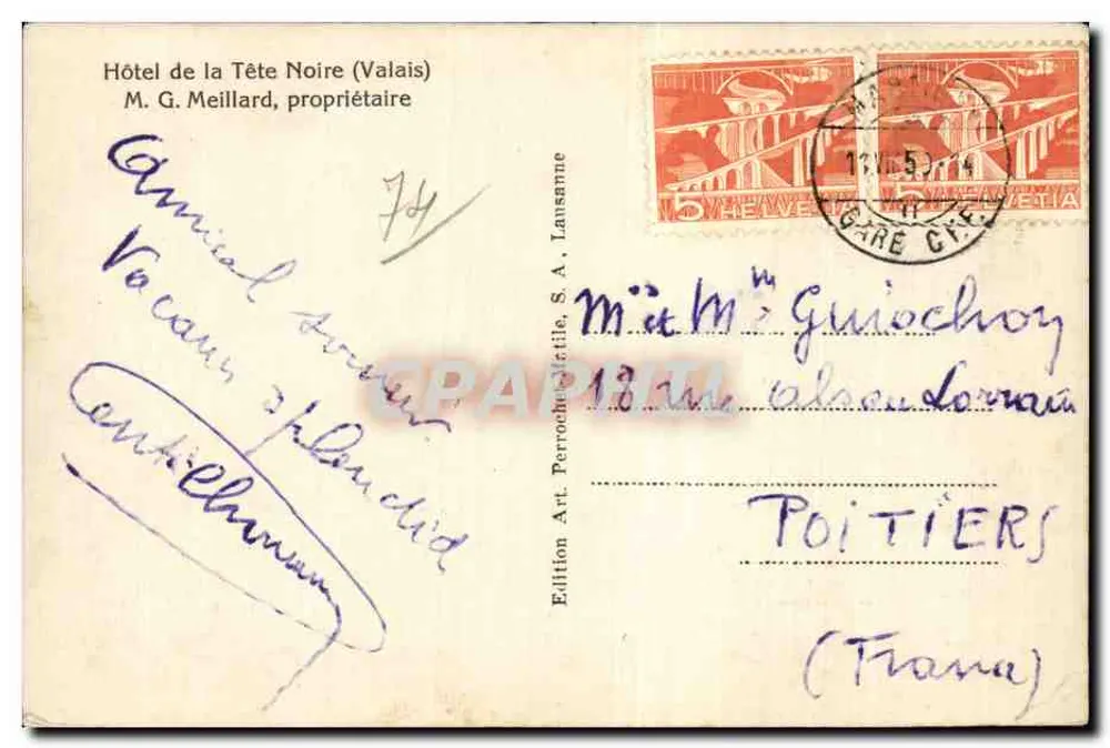 Hôtel de la Tête-Noire — Chamonix — Uitgave Art. Perrocheville, S.A. Lausanne - Achterkant