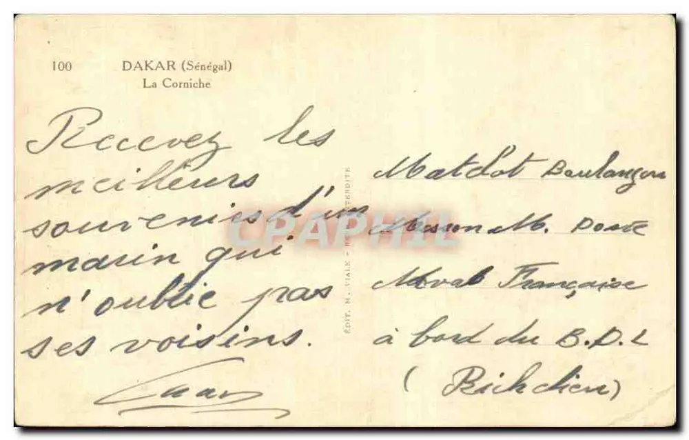 DAKAR (Senegal) — Die Corniche — Verlag N. VIALLE, Nr. 100 - Rückseite