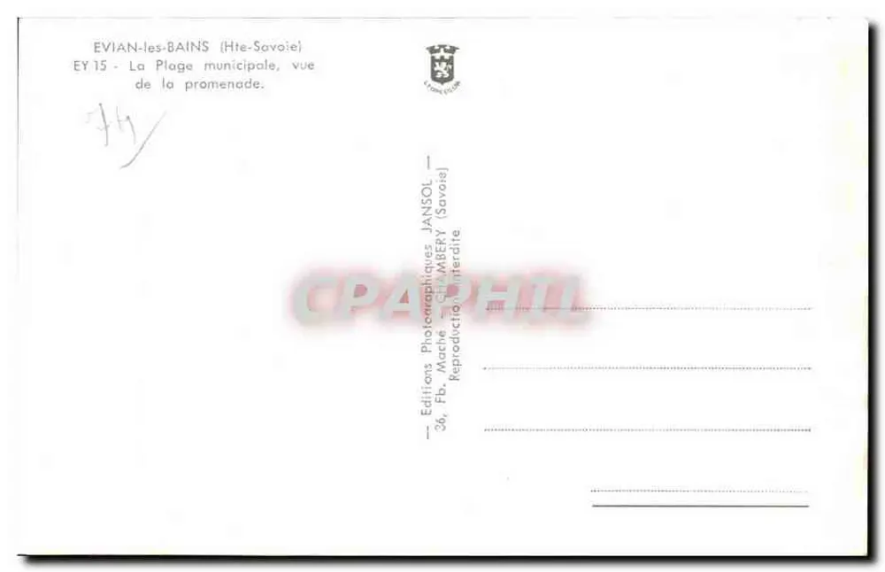 Évian-les-Bains — A Praia Municipal, vista da promenade — Éditions Photographiques JANSOL, Fb. MABERY (Savoie) - Verso