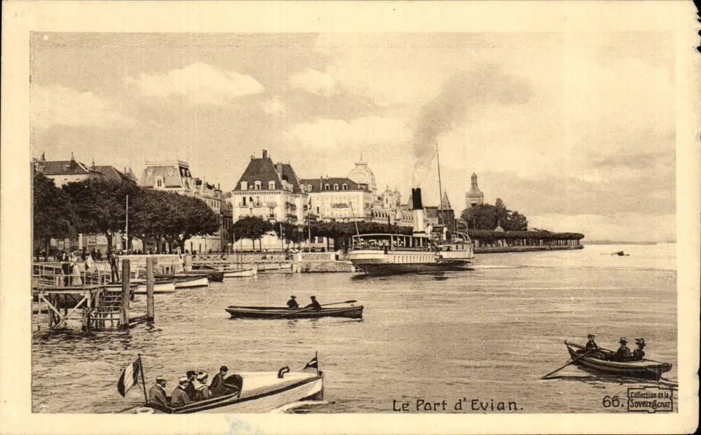 Le Port d'Evian — vista do porto com vapor e embarcações — Coleção de la Souvente à Chat, n° 66 - Frente