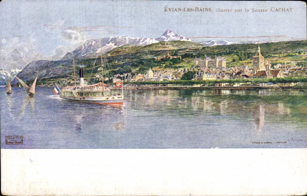 ÉVIAN-LES-BAINS, ilustrado pela Fonte CACHAT — Edição Frères DURBIL - POTTAVAU - Frente