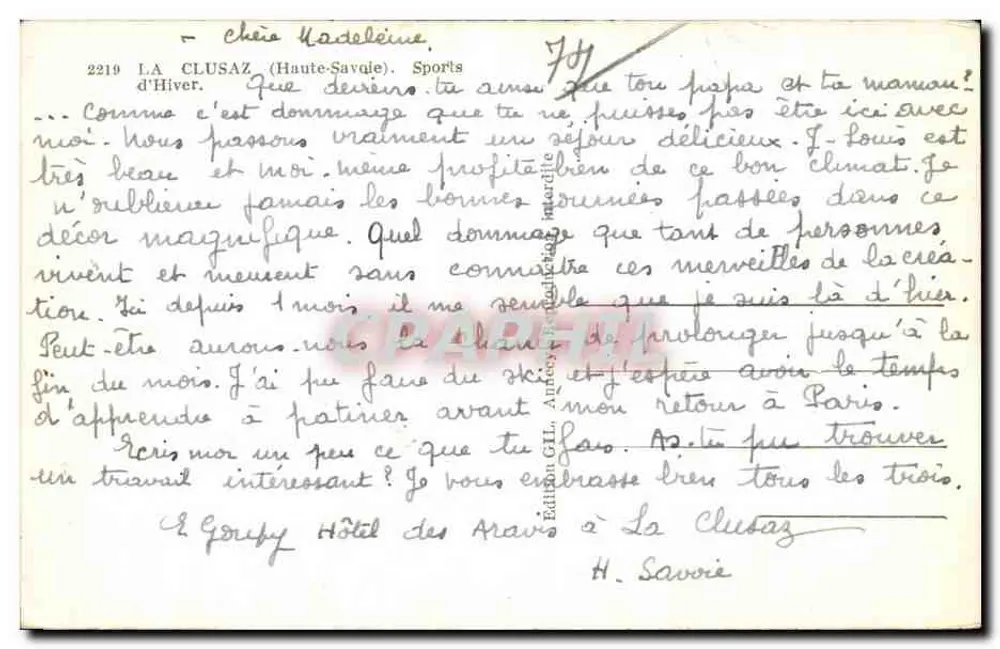 La Clusaz (Alta Saboya) — vista invernal con iglesia y hotel — Edición G.T.L. - Reverso