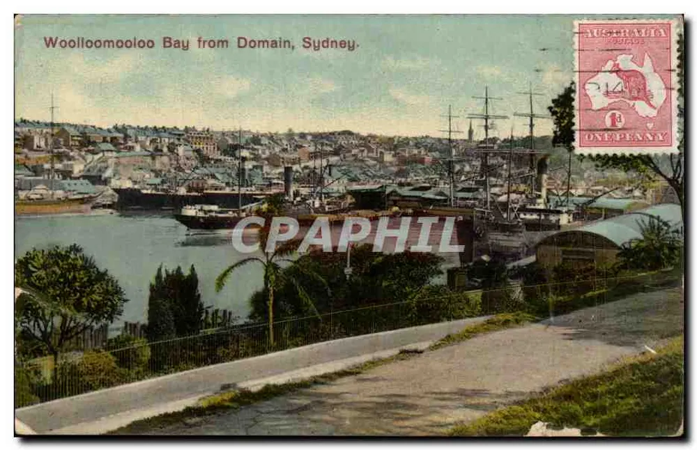 Woolloomooloo Bay from Domain, Sydney — vue portuaire avec navires à voile et à vapeur — éditeur INDUSTRIA, série Gold Metal, n° 1468 - Recto