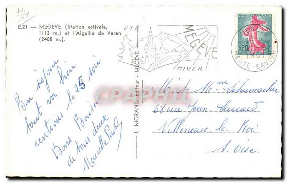 Mégeve — Estação de verão, 1113 m. e a Aiguille de Varan (2488 m.) — L. Morand, editor, n° E.21 - Verso