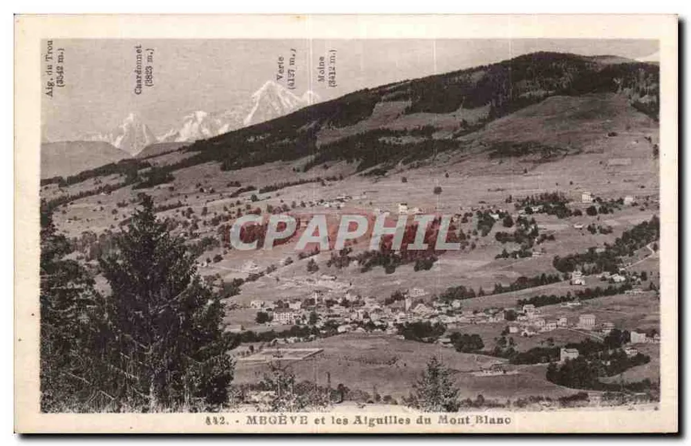 Mégeve et les Aiguilles du Mont Blanc — vue panoramique — L. Morand, photo-édit. Mégeve - Recto