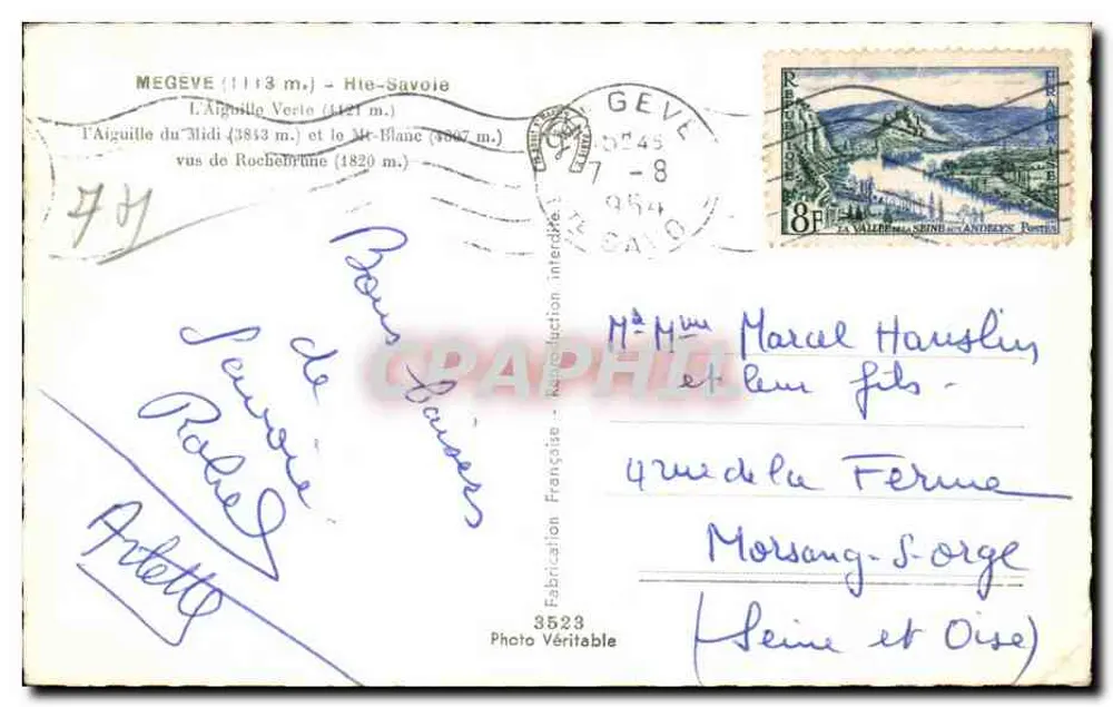 Mégeve (1113 m.) - Haute-Savoie — Ansicht der Aiguille du Midi (3813 m.) und des Mont-Blanc (4807 m.) — französische Herstellung, Nr. 3523 - Rückseite