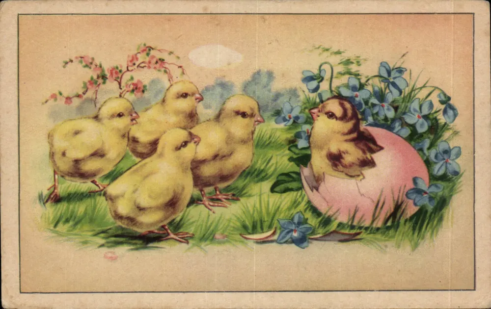 Vogeltjes uit een nest — Pasen — antieke ansichtkaart gedateerd 1944 - Voorkant