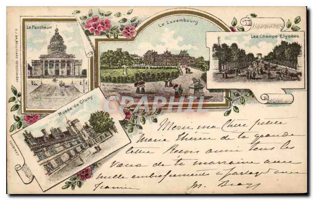 Parijs — Panteon, Luxemburg, Champs Elysées, Museum Cluny — anoniem uitgever, serie-nummer niet zichtbaar - Voorkant