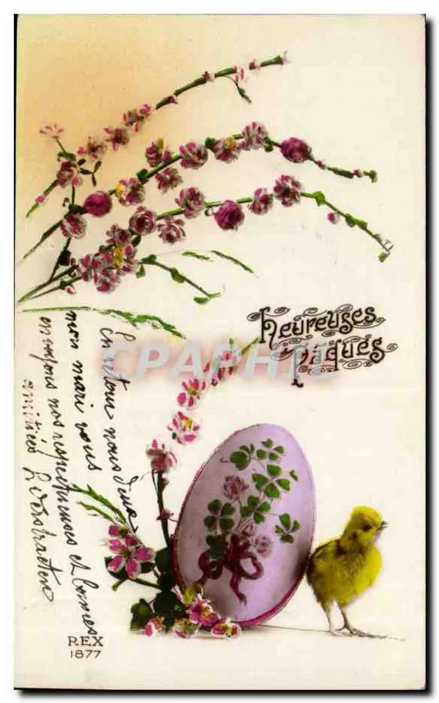 Pasen — versierd ei, gele vogel en bloemen — REX 1877 - Voorkant