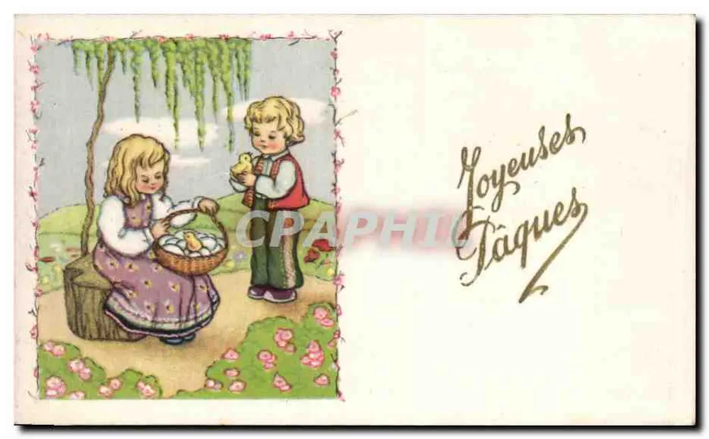 Enfants avec poussins — scène de printemps — éditeur non visible - Frente
