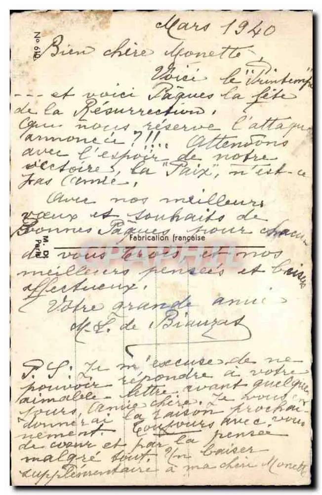 Hahn und Küken in einem Flugzeug — März 1940 — französische Herstellung, Nr. 618 - Rückseite