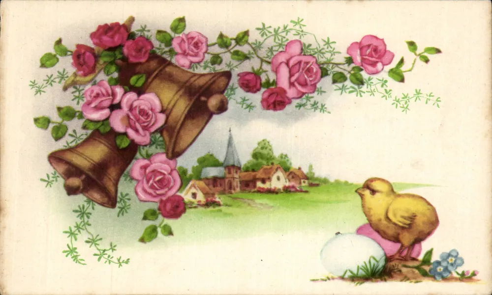 Landschaft mit Hahn und Glocken — Rosen — unbekannter Verleger - Vorderseite