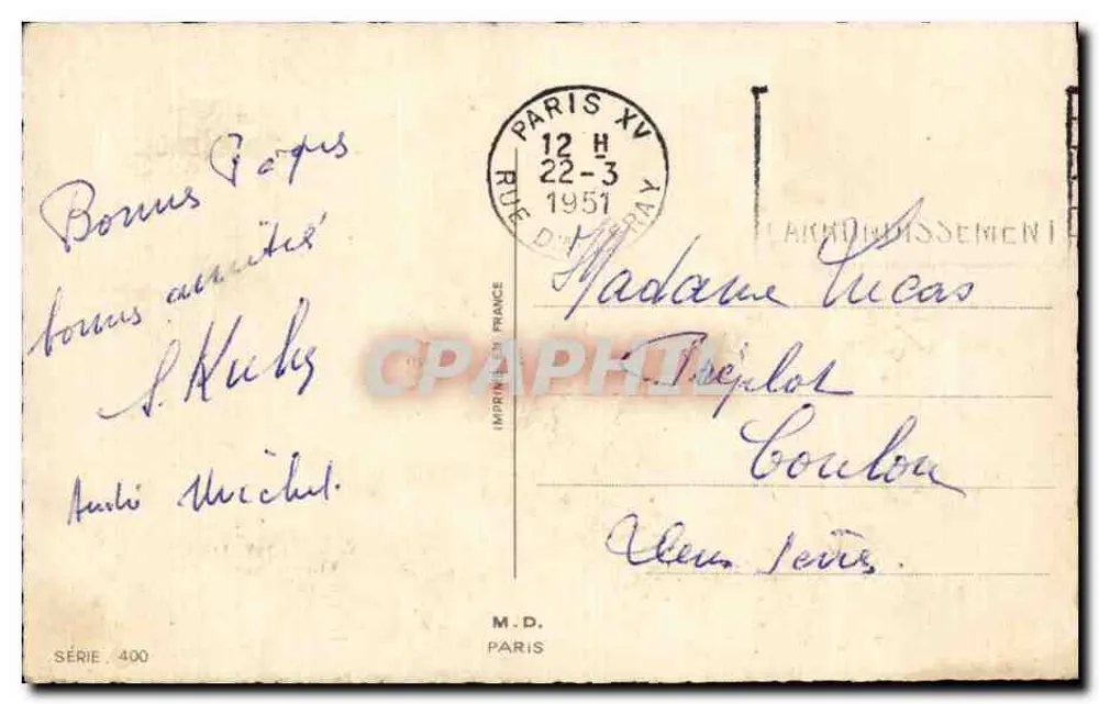 Osterfuchs — drei Küken, bunte Eier, Blumen und Kirche — M.D. Paris, Serie 400 - Rückseite