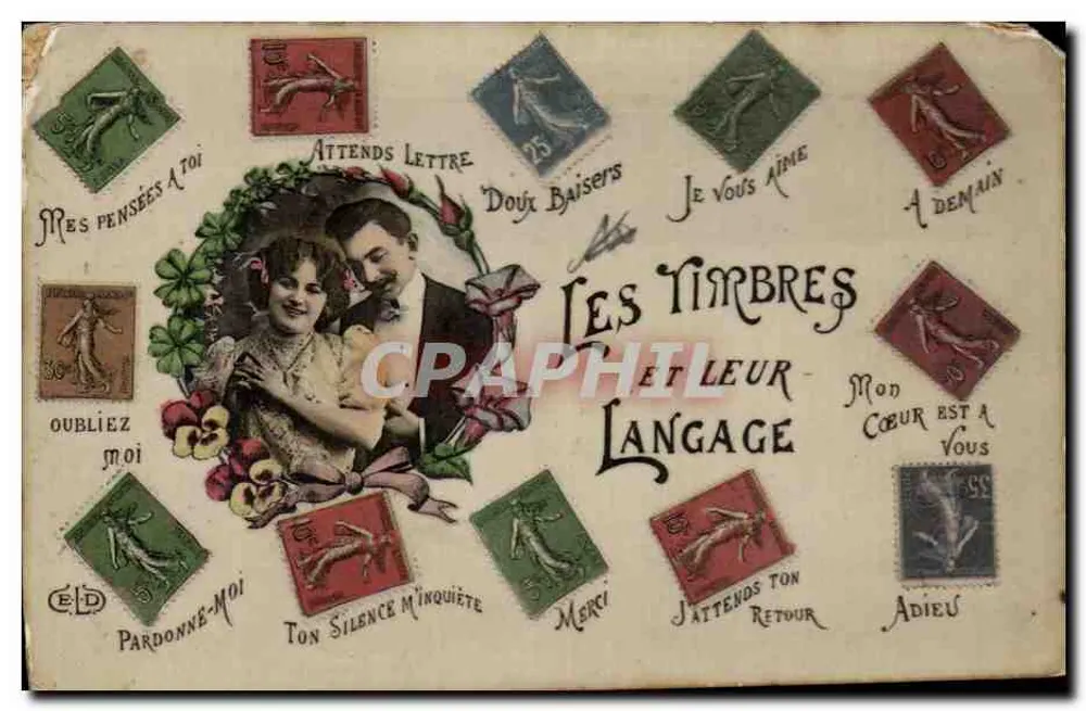 Les Timbres et leur Langage — carte illustrée avec couple et timbres illustrés - Recto