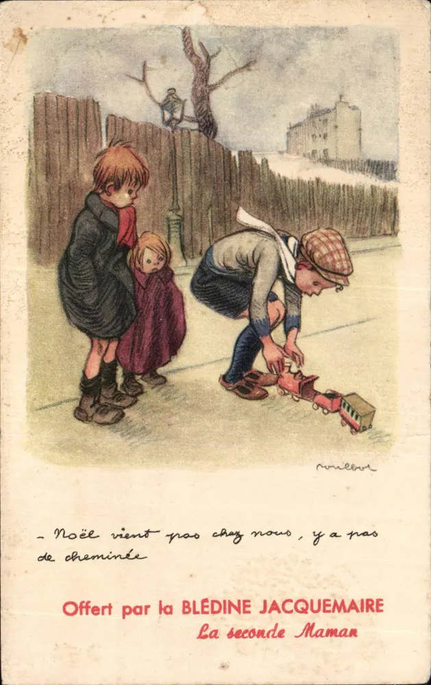 Kinder, die mit einem Zug spielen — Winterlandschaft — Zeichnung von M. Noulbou - Vorderseite
