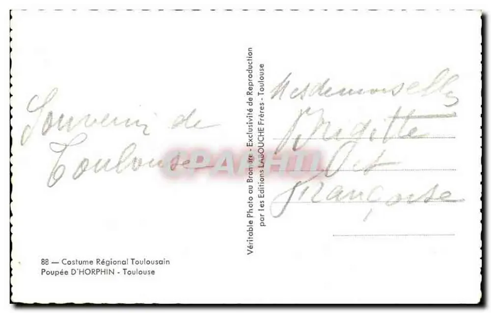Três bonecas em traje regional toulousano — Editor Lasouche Frères, Toulouse, n°88 - Verso