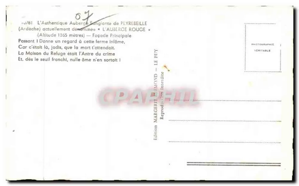 Auberge de Peyrebeille — L'Authentique — Édition Margerit Remond - Verso