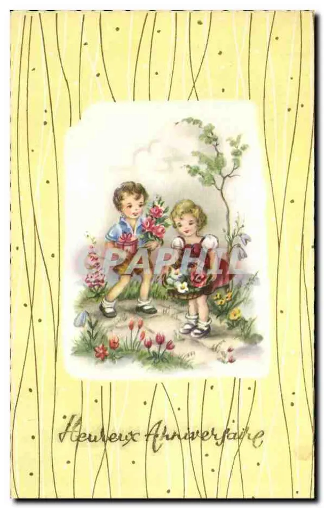 Kinder mit Blumenstrauß — Geburtstag — Verlag unbekannt, Seriennummer nicht sichtbar - Vorderseite