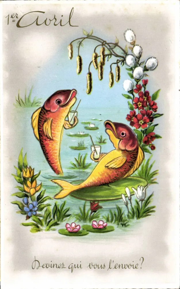 Dos peces en un estanque — 1° de abril — M.D. París, serie N°6240 - Anverso