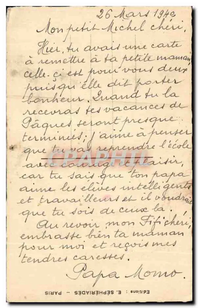 Schwarzer Kater mit Angelrute — 1. April — Éditions E. Séphériades, Paris - Rückseite