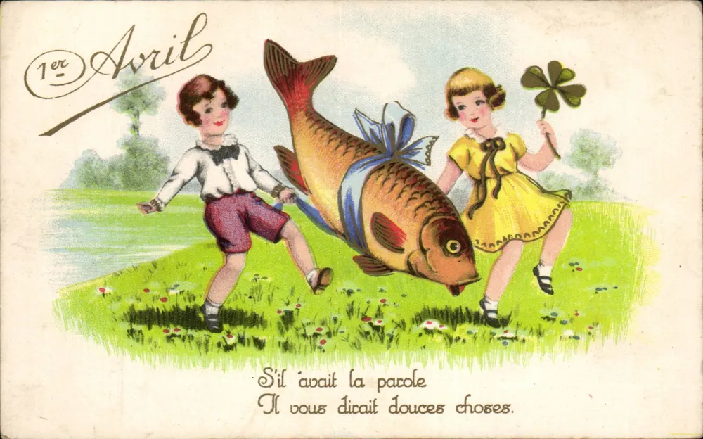 Kinder, die mit einem Fisch spielen — 1. April — französische Herstellung, Serie 21/1 - Vorderseite