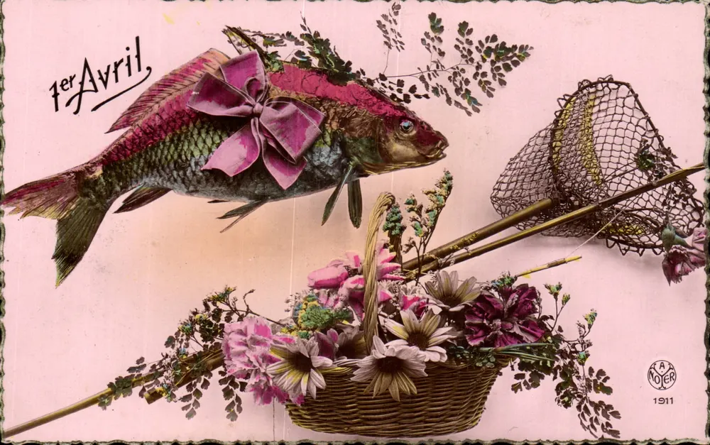 Geschmückter Fisch mit Schleife — 1. April — Verlag K. A. Noer, n° 1911 - Vorderseite
