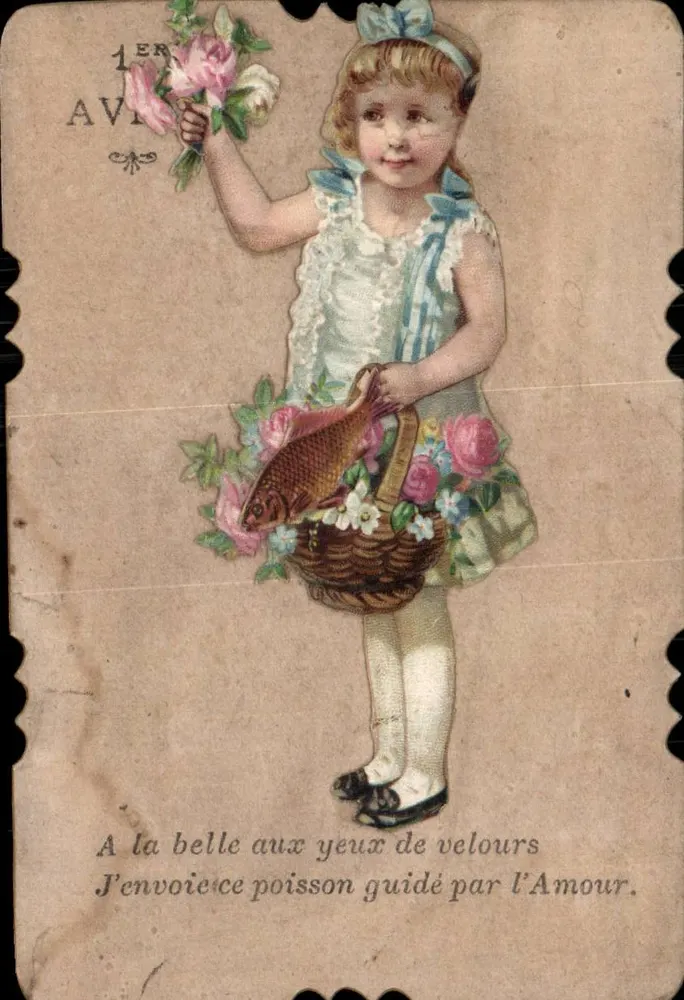 Fille tenant un panier avec poisson et fleurs — éditeur non visible - Vorderseite