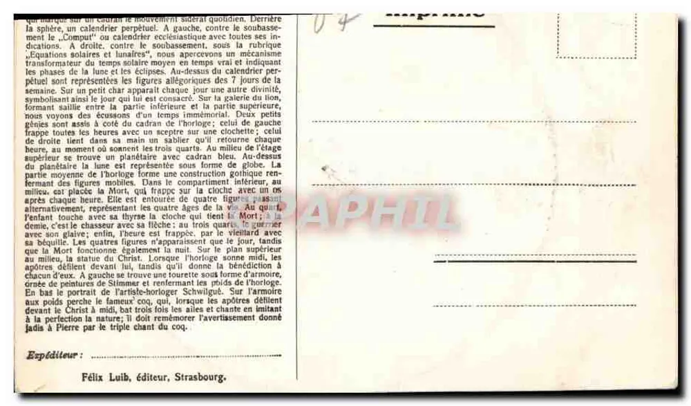 Astronomische Uhr — Kathedrale von Straßburg — Verlag Félix Luib, Straßburg - Rückseite